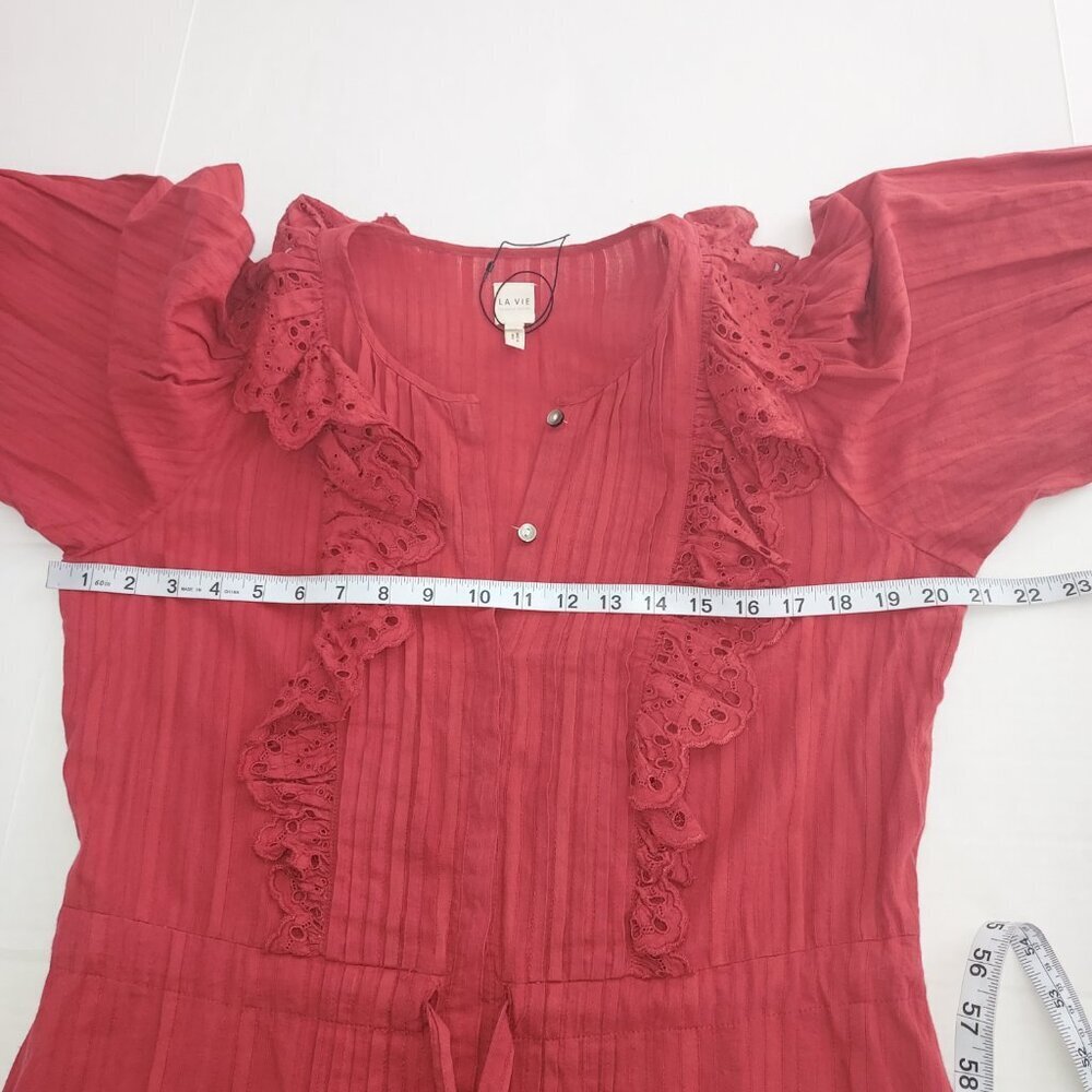 Rebecca Taylor La Vie Satin Stripe Dobby Ruffle Eyelet Red Mini Dress Size Sm - Picture 11 of 14